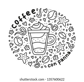 Poster with cute doodle con panna coffee drink and beans, cookies, spices, dots around.