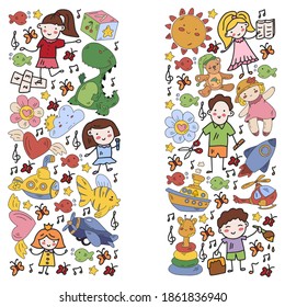 Poster with cute doodle drawing of happy kids and precepts to celebrate Children's Day. Kindergarten children.