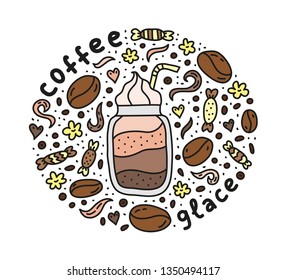 Poster with cute doodle glace coffee drink and beans, candies, spices, dots around.