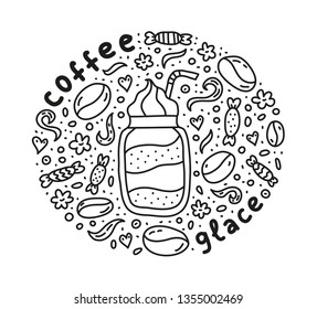 Poster with cute doodle glace coffee drink and beans, candies, spices, dots around.