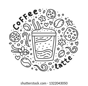 Poster with cute doodle latte coffee drink and beans, cookies, spices, dots around.