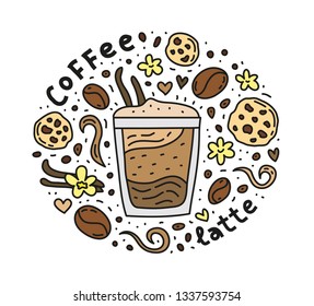 Poster with cute doodle latte coffee drink and beans, cookies, spices, dots around.