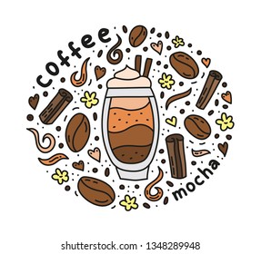 Poster with cute doodle mocha coffee drink and beans, spices, flowers, dots around.