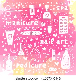 Poster with cute doodle nail salon icons on pink watercolor background.