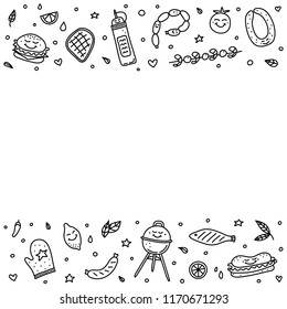 Poster with cute doodle outline barbecue and picnic icons, lines, swirls, symbols around.