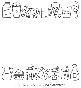 Poster with cute doodle outline dairy products isolated on white background. Farm milk products and cow.