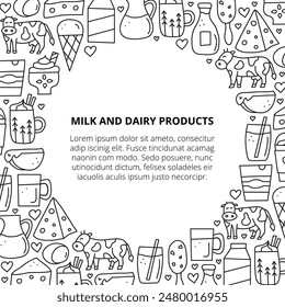 Poster with cute doodle outline dairy products isolated on white background. Farm milk products and cow.