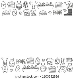 Poster with cute doodle outline Easter icons on white background.