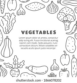 Poster with cute doodle outline food vegetable icons including broccoli, garlic, cucumber, sweet potato, onion, corn, beet, zucchini, eggplant, butternut, tomato, carrot, chili, lettuce, bell pepper.