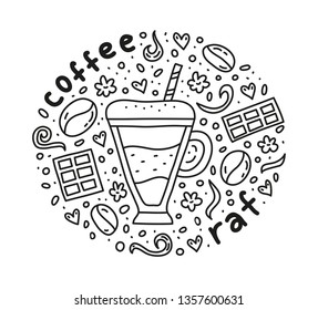 Poster with cute doodle raf coffee drink and beans, waffles, spices, dots around.