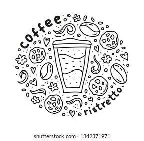 Poster with cute doodle ristretto coffee drink and beans, cookies, spices, dots around.