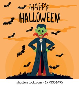 Poster with cute dracula and bats at sunset. Orange background. Lettering. Vector illustration