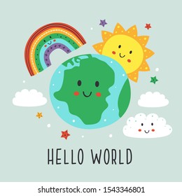 Poster With Cute Earth,cloud, Rainbow And Sun - Vector Illustration, Eps    
