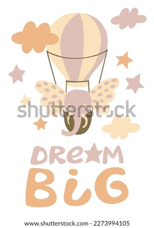 Poster with cute elephant flying in the sky in the hot air balloon