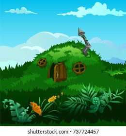 Poster with cute fairy house dugout with chimney on the meadow with green grass under blue sky. Vector close-up cartoon illustration.