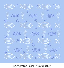 
Poster with cute fish on a blue background. Hand drawing. Vector illustration.
