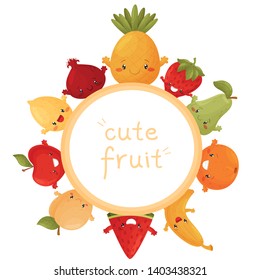 Poster of cute fruits. Fun character in cartoon style. Round logo