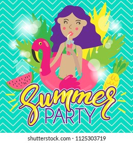 Poster with cute girl drinking cocktail in swimming pool. Summer party poster. Vector illustration.