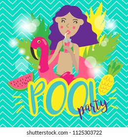 Poster with cute girl drinking cocktail in swimming pool. Summer party poster. Vector illustration.