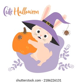 Poster cute Halloween. Funny rabbit in witchs hat with spider carries large pumpkin. Vector illustration. Festive Halloween bunny character for design, print, greeting cards, decor, kids collection
