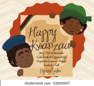 Poster with cute happy afro-american couple holding a scroll with the Seven Principles of African Heritage (or Nguzo Saba) of Kwanzaa celebration.