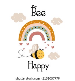 afiche con una linda abeja feliz y arco iris