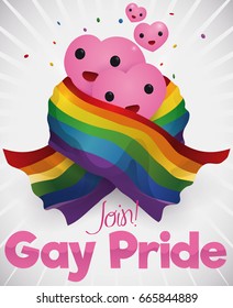 Poster with cute hearts smiling covered with the rainbow flag and inviting you to join and to celebrate Gay Pride.