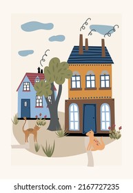 Poster with cute houses. Flat illustration. Children's houses.