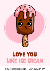 Poster with cute kawaii chocolate ice cream with strawberry glaze. Sweet dessert character with heart eyes and adorable expression.