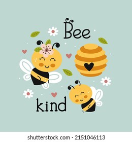 poster with cute kind bees and beehive