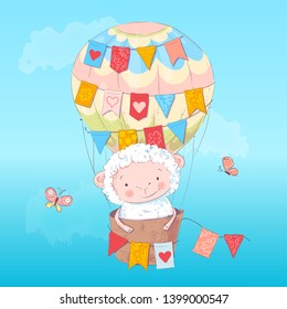 Poster cute lamb in a balloon. Hand drawing. Vector illustration of cartoon style.
