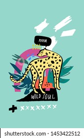 Poster with cute leopard and tropical plants. Cartoon childish style, good for fabric and textile, wallpapers and more. Creative jungle bright animals. Vector editable