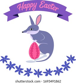 Poster with cute little easter bilby holding a pink egg decorated isolated on white background. Great for greeting cards and posters.