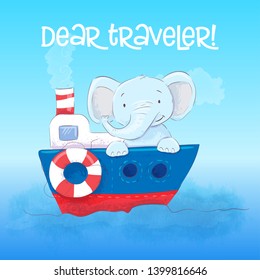 Poster cute little elefant floats on a boat. Cartoon style. Vector