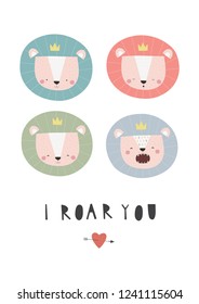 Poster with a cute little lions in a scandinavian style with the inscription I ROAR YOU. Vector illustration.