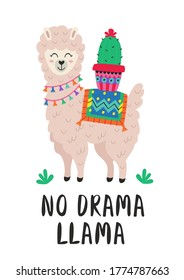 poster with cute llama and cactus
-  vector illustration, eps