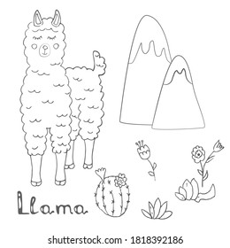 poster with cute llama and mountains - vector illustration, eps