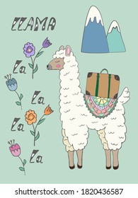 poster with cute llama and mountains - vector illustration, eps