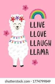 poster with cute llama and rainbow
-  vector illustration, eps
