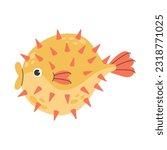 Poster with cute marine yellow puffer fish isolated on white background with doodle elements. Colorful illustration of poisonous fish. Cute cartoon undersea world. Vector stock illustration.
