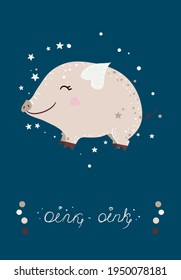 Poster with cute mini pig and stars. Pink cheek. Vector illustration EPS8
