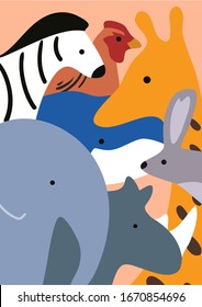 Poster with cute minimal animals. Adorable characters: zebra, elephant, rhino, giraffe, rabbit, whale, hen. Flat Vector illustration in flat style. Can be used for baby shower,  party invitation