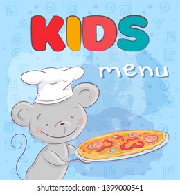 Poster cute mouse with pizza. Hand drawing. Vector illustration cartoon style.