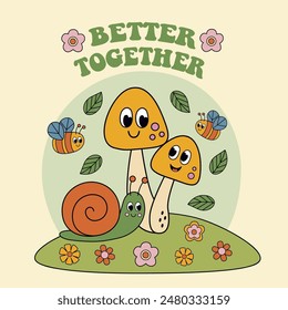 poster with cute mushrooms, bee, snail