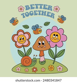 poster with cute mushrooms, bee, snail, flower