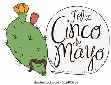 Poster with cute nopal bloomed with charro face remembering at you the traditional celebration of Cinco de Mayo (written in Spanish) in Mexico.