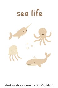 Poster with cute octopus, jellyfish, narwhal, whale. Sea life vector illustration for kids design.