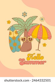 poster with cute palm tree, surfboard, beach umbrella
