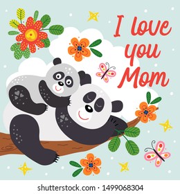 poster with cute panda mother and baby - vector illustration, eps