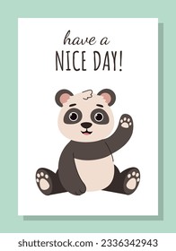 Poster with cute pandas concept. Adorable character with inscription have nice day. Design element for greeting and invitation card. Cartoon flat vector illustration isolated on green background